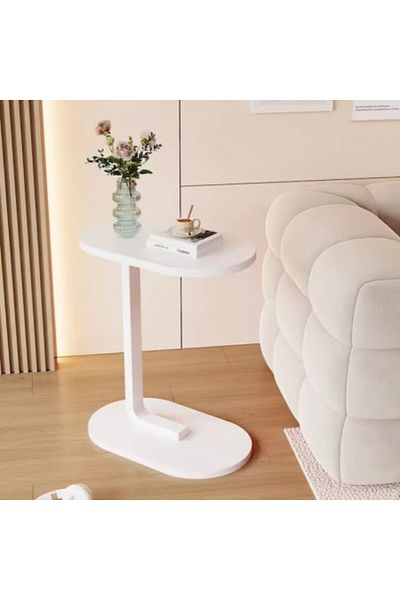 Kardett White C-Shaped side table, engineered wood top and durable metal frame, modern table for