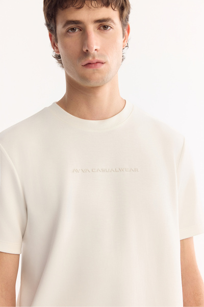 Avva Men's Ecru Crew Neck Seersucker Printed Interlock T-Shirt A52Y1014