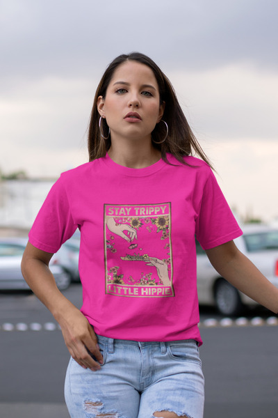 Butik Stay Trıppy Baskılı / Kadın çok renkli T-Shirt %100 Pamuk Regular fıt R...