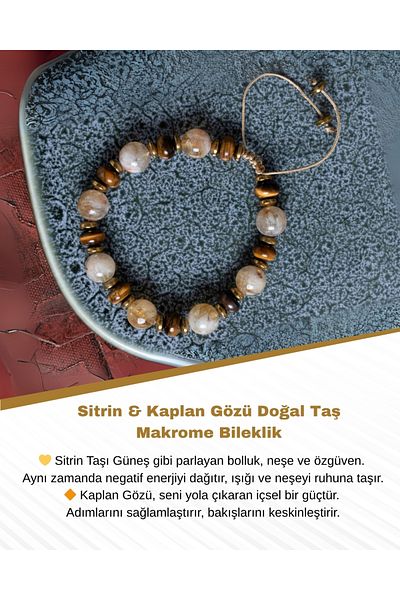 Saff Doğal Taş Certified Citrine & Tiger Eye Natural Stone Macrame Bracelet
