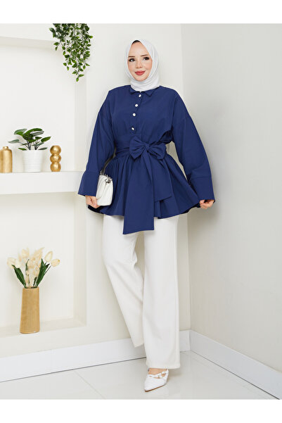 PALMİYE GİYİM Lacivert-Taş Düğmeli Bağlama Detaylı Gömlek