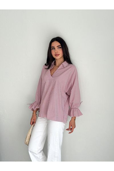 02Lady Fashion Blue Shirt Sleeve Tie-Stripe Patterned Terrycotton Fabric Shirt