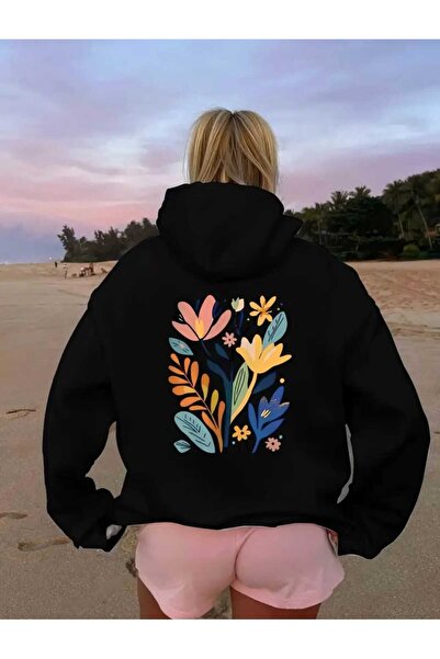 caddekombin Flower Water Painted Printed Hooded Pocket Inside Wool Black Sweatshirt