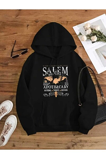 caddekombin Salem Medicines Printed Hooded Pocket Inside Wool Black Sweatshirt