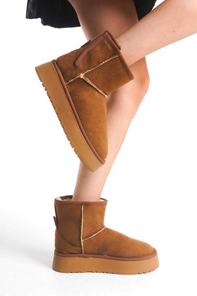 wolfcity Uk High Tan Suede Half Boots with Fur Inside Flat Sole Women's Shoes