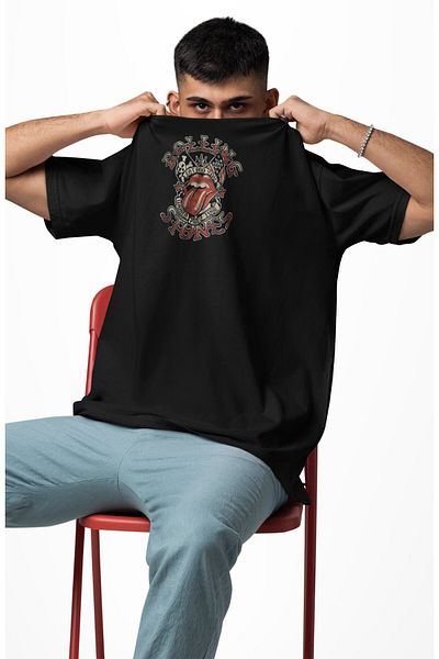 Fuddy Moda Unisex Rolling Stones Tattoo Back Printed T-Shirt, Oversize Rock Music Themed T-Shirt