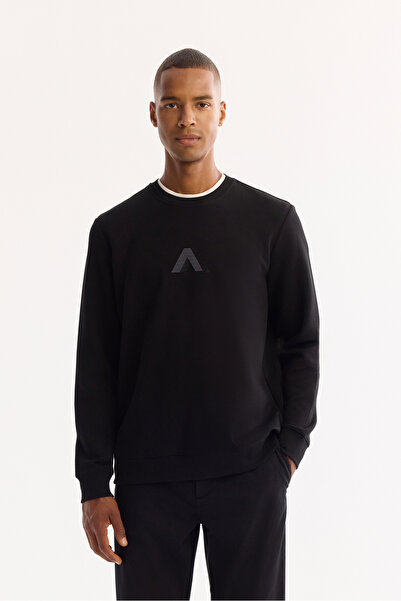 Avva Erkek Siyah Bisiklet Yaka Pamuklu Bi-Stretch Baskılı Regular Fit Sweatshirt A52Y1305