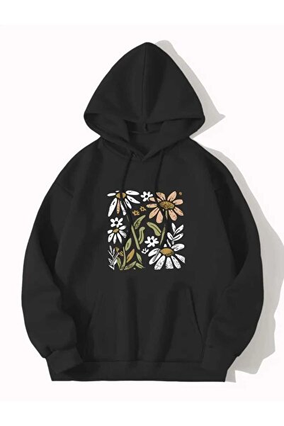 caddekombin Papatya Hoodie Printed Hooded Pocket Wool Inside Black Sweatshirt