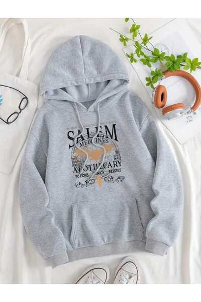 caddekombin Salem Medicines Printed Hooded Pocket Wool Inside Gray Sweatshirt
