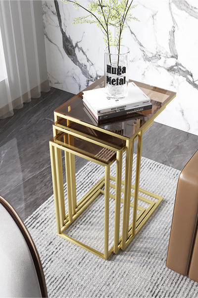 Huga Metal Koltuk Altı C Sehpa Mat Gold Bronz Temperli Kırılmaz Cam