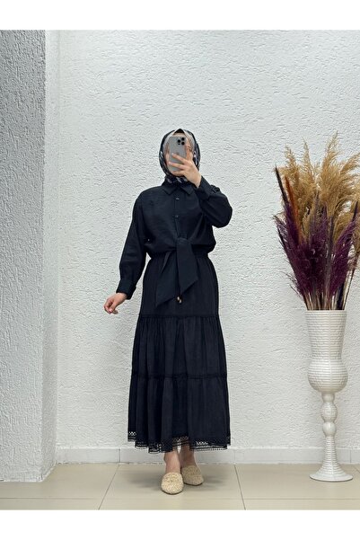 BENAHOLL Φούστα με δαντέλα Marilia με λεπτομέρειες και πτυχωτή ρυτιδωμένη φούστα-AA4198 Μαύρη