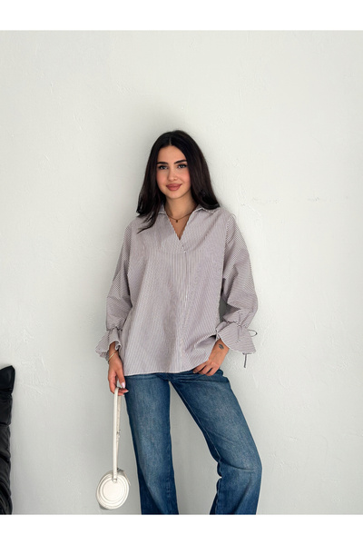 02Lady Fashion Blue Shirt Sleeve Tie-Stripe Patterned Terrycotton Fabric Shirt