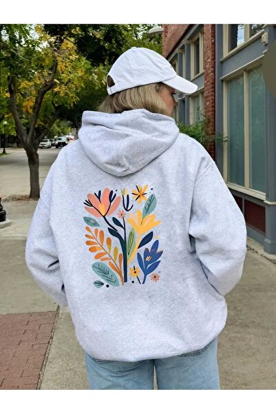 caddekombin Hanorac gri cu glugă, cu imprimeu cu flori, cu buzunare și interior din lână