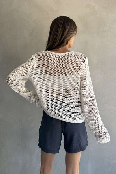 Ulino Openwork Long Sleeve Crew Neck Knitwear Blouse