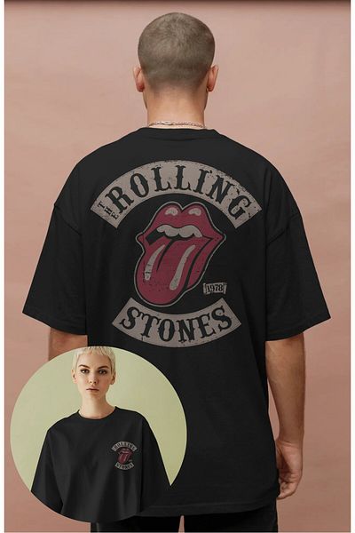 Fuddy Moda Unisex Rolling Stones 1978 Back Printed T-Shirt, Oversize Rock Band Themed Crew Neck T-Shirt