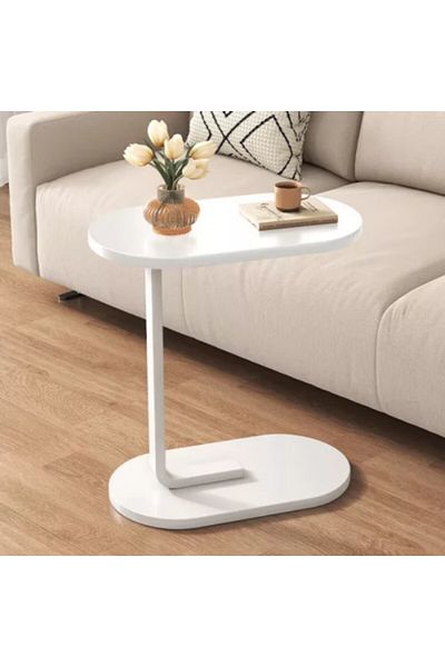 Kardett White C-Shaped side table, engineered wood top and durable metal frame, modern table for