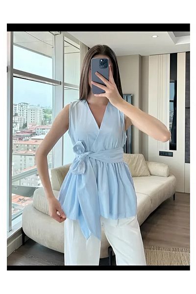 02Lady Fashion V-Neck Belted Ruffled Trendy Tericotton Fabric Blouse