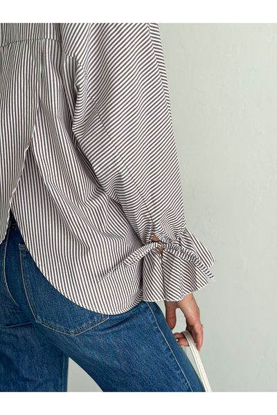 02Lady Fashion Blue Shirt Sleeve Tie-Stripe Patterned Terrycotton Fabric Shirt
