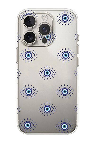 shoptocase iPhone 15 Pro Max Uyumlu Nazar Boncuklu Gözler Desenli Şeffaf Sili...