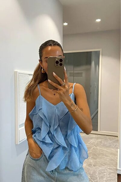 02Lady Fashion Yeni Sezon Ayarlanabilir Askılı Fırfırlı Viskon Kumaş Bluz
