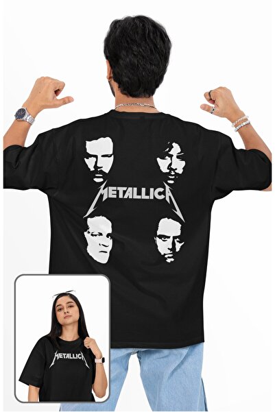 Fuddy Moda Unisex Metallica Members Face Back Printed T-shirt, Υπερμεγέθη μπλ...
