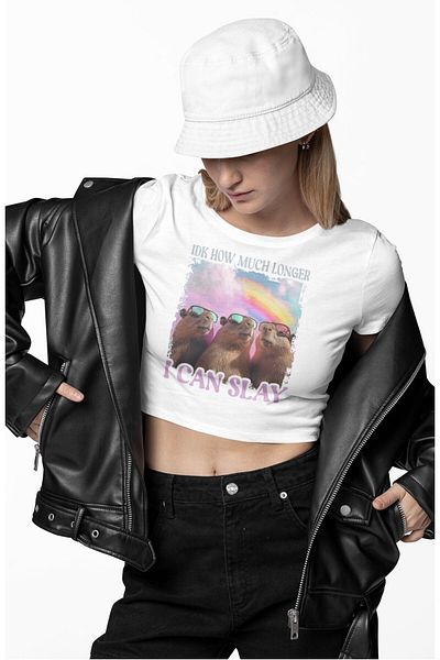 Fuddy Moda I Can Slay Written Crop Top, Women's Capybara Printed Crop Blouse