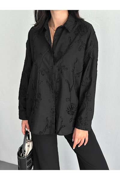 02Lady Fashion Embroidered Flowers Raw Linen Shirt