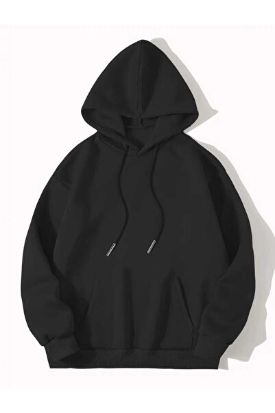 caddekombin Flower Water Painted Printed Hooded Pocket Inside Wool Black Sweatshirt