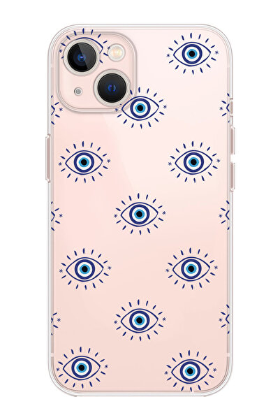 shoptocase iPhone 15 Uyumlu Nazar Boncuklu Gözler Desenli Şeffaf Silikon Koru...