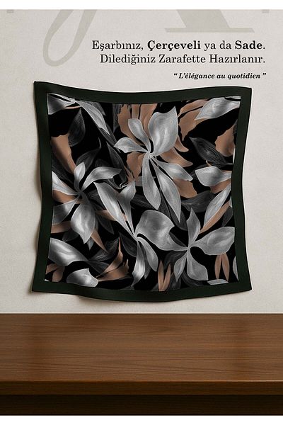DESENİX Abstract Leaf Pattern Scarf |   Night Black Floor |   90X90 - 100X100Cm |   Shiny Satin