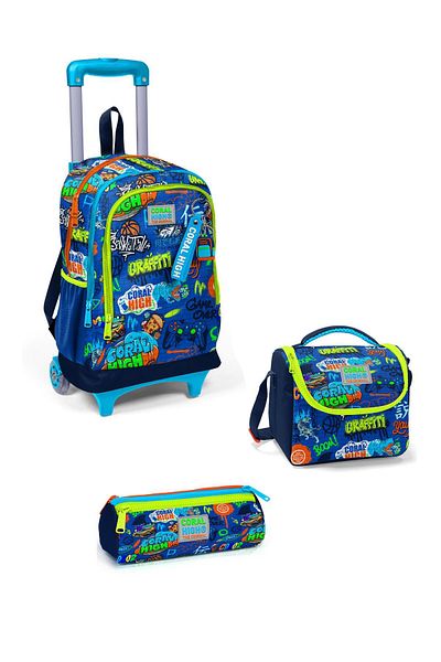 Coral High Kids Saks Blue Graffiti Patterned Three-Compartment School Bag Set with Squeegee 3Set23967