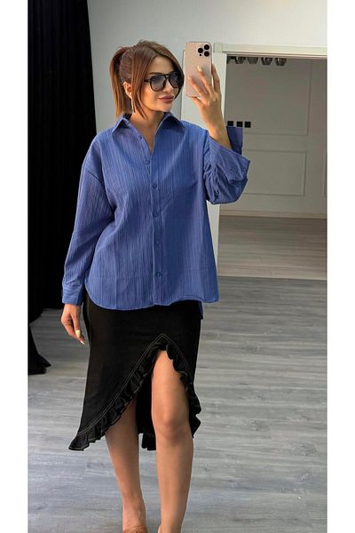 Daves Blue Textured Long Sleeve Linen Shirt