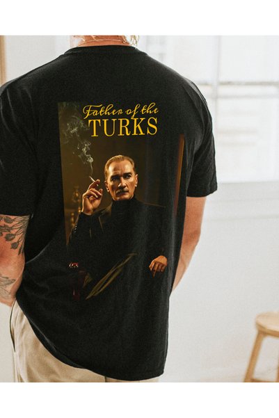 THE SHARK Special Design Men's Ataturk Printed 100% Cotton Crew Neck Black T-Shirt
