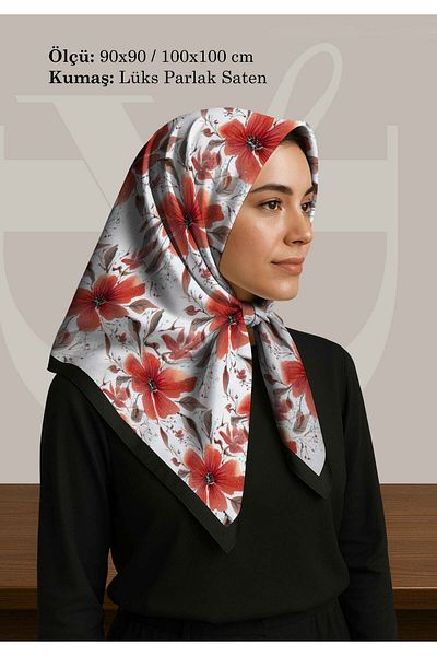 DESENİX Red Floral Patterned Scarf |   Pearl White Floor |   90X90 - 100X100Cm |   Shiny Satin