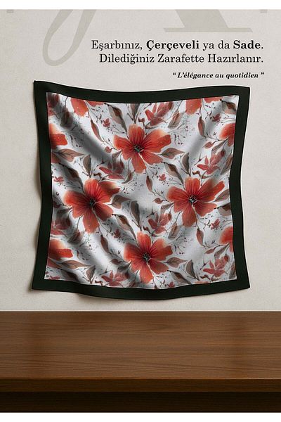 DESENİX Red Floral Patterned Scarf |   Pearl White Floor |   90X90 - 100X100Cm |   Shiny Satin