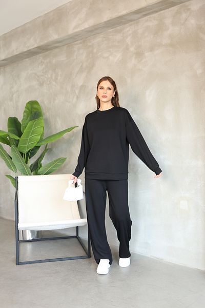 02Lady Fashion Oversize Crew Neck Wide Leg Modal Fabric Tracksuit Set