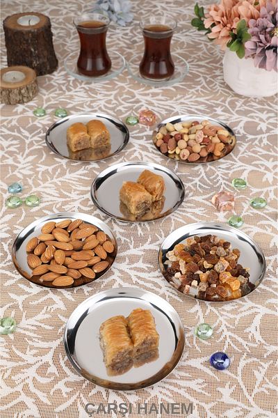 ÇARŞI HANEM Round 6 Pieces of Silver Stainless Steel Round Snack Presentation Set Tea Cup Coffee Side 12cm