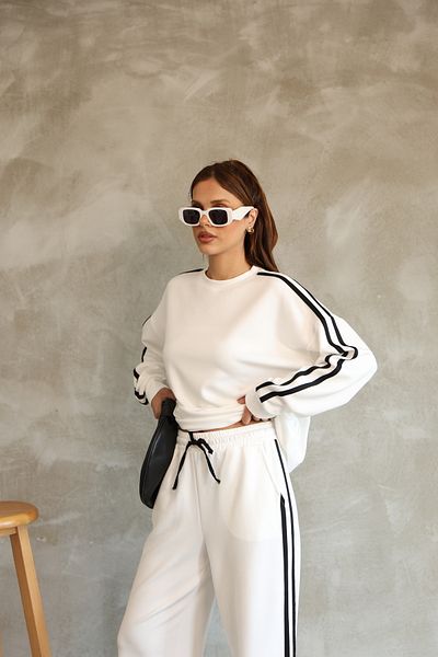 02Lady Fashion Stripe Detailed Oversize Wide Leg Modal Fabric Tracksuit Set