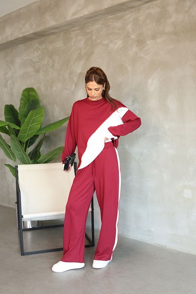 02Lady Fashion Garnished Piping Detailed Oversize Wide Leg Modal Fabric Tracksuit Set