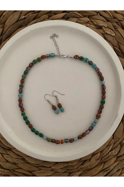 Stoneday Colorful Indian Bead Silver Detailed Plated Necklace Earring Set