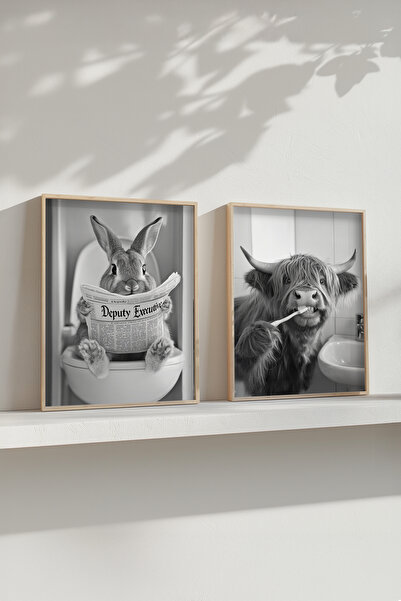 STARYUNA Set de 2 picturi pentru toaletă de baie cu ilustrații de animale cu rame din lemn Yuna248