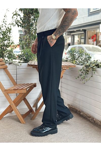 manch collection Belt Detailed Baggy Pleated Fabric Trousers Black
