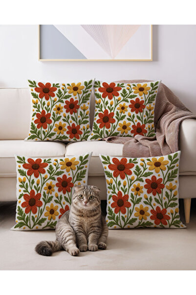 Artvibe مجموعة من 4 أغطية وسائد مطبوعة رقمية بمظهر مطرز من Punch - بطابع الخريف