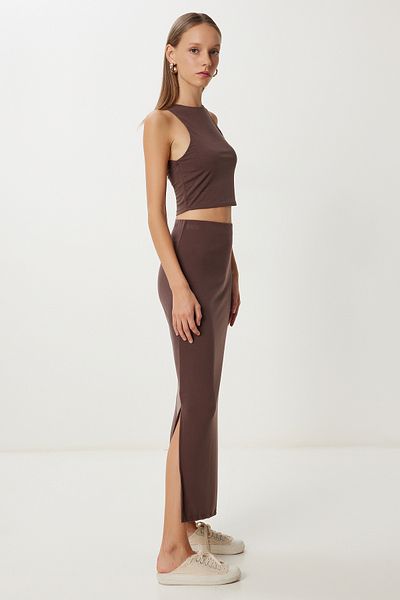 Lovelyİstanbul Blouse Skirt Modal Suit Lub0186 Brown
