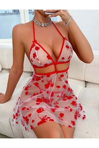 Oprah Kadın Kırmızı Çiçek Nakışlı Transparan Tül Gecelik ve Tanga Takımı