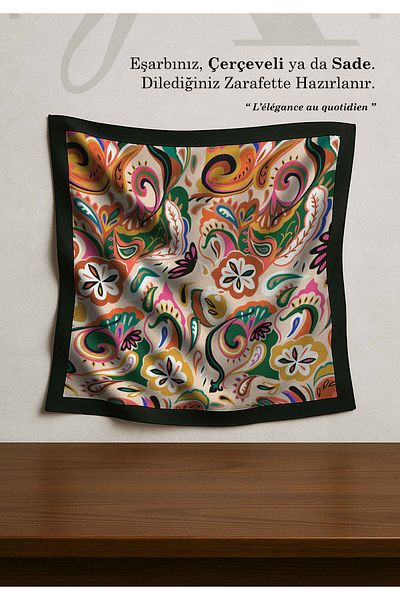 DESENİX Ethnic Colorful Patterned Scarf |   Live Cream Floor |   90X90 - 100X100Cm |   Shiny Satin