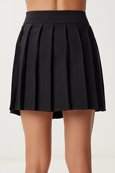 Lovelyİstanbul Mini fustă țesută plisată cu detaliu curea LYY0107 NEGRU