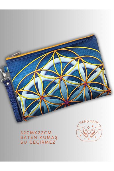 POZİTİF MRK Women's Blue Clutch Bag Life Flower Symbol Patterned