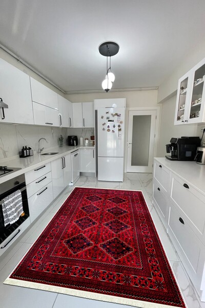CENTER AVM Vintage Kırmızı Halı Mutfak Halısı Makinede Yıkanabilir Kaymaz Taban Halı
