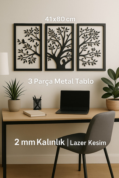 3 Parça Ağaç Figürlü Metal Duvar Tablosu | 2mm DKP Sac Lazer Kesim | 41x80 cm Siyah Dekoratif Set